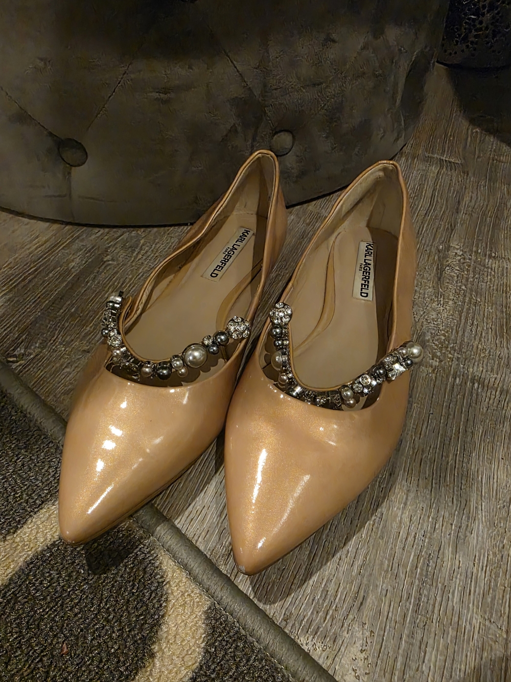 Karl Lagerfeld Nude Patent Pointed Flats with Pearl & Crystal Trim